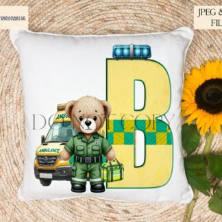 Paramedic Teddy Bear Alphabet Design Set featuring ambulance-themed letters with a paramedic teddy bear and ambulance illustration.