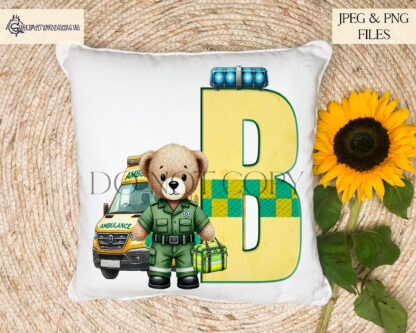 Paramedic Teddy Bear Alphabet Design Set featuring ambulance-themed letters with a paramedic teddy bear and ambulance illustration.