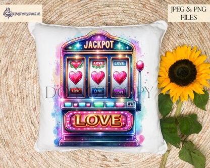 Jackpot in Love Design Set featuring two slot machine-themed designs: one vibrant textless design and one with a customisable photo slot.