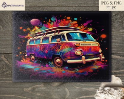 Camper Van Sublimation Design Set featuring 11 vibrant designs with dynamic paint splash backgrounds and a transparent option.