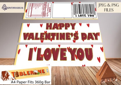 Valentine’s Day Toblerone Wrapper Design Set featuring 4 designs, including a simple “I Love You” and comedy themes with gnomes, cows, and moon artwork.