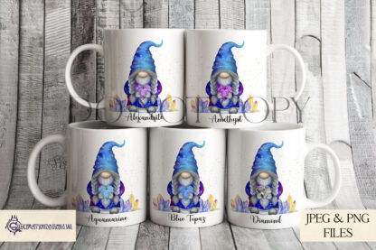 Gonk Gnomes Birthstone Gemstone Design Set featuring gonk gnomes holding heart-shaped gemstones in birth month colours with textless and worded options.