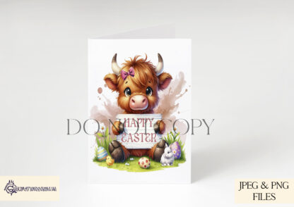 Easter Cute Highland Cow Design Set featuring a Highland cow holding a wooden sign with Easter greetings in pink and blue colour themes.