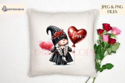 Valentine's Gonk Gnomes Design Set featuring a male and female gnome holding heart-shaped red balloons in a whimsical Valentine's theme.