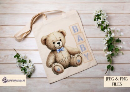 Baby Boy Teddy Bear Design featuring a seated teddy bear next to wooden blocks spelling "Baby" and "2025," with and without a bow tie.