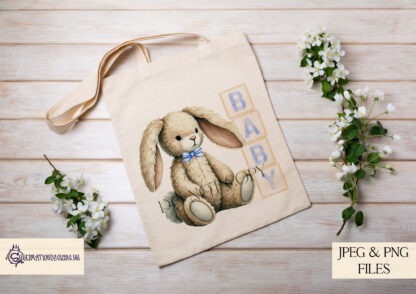 Baby Boy Bunny Design featuring a seated bunny next to wooden blocks spelling "Baby" and "2025," with and without a bow tie.