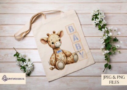 Baby Boy Giraffe Design featuring a seated giraffe next to wooden blocks spelling "Baby" and "2025," with and without a bow tie.