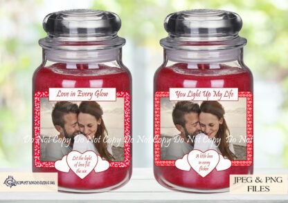 Valentine & Love Candle Label Designs featuring red, neutral, and blue frames with photo space and romantic wording options for glass jar candles.