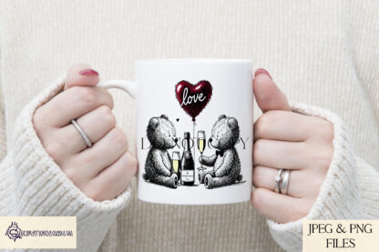 Teddy Bears in Love Doodle Design featuring two bears at a picnic with a heart-shaped balloon and champagne, with black-and-white doodle style and colourful accents.