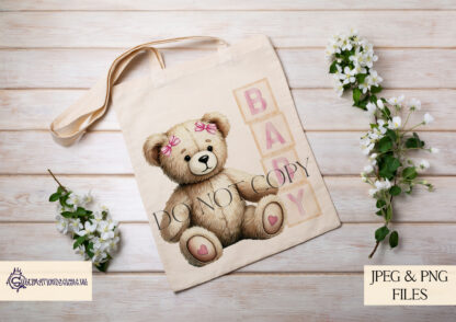 Baby Girl Teddy Bear Design featuring a seated teddy bear next to pink-themed wooden blocks spelling "Baby" and "2025," with and without a bow.