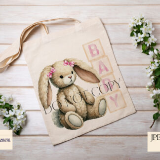 Baby Girl Bunny Design featuring a seated bunny next to pink-themed wooden blocks spelling "Baby" and "2025," with and without a bow.