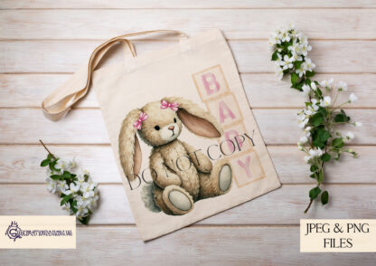 Baby Girl Bunny Design featuring a seated bunny next to pink-themed wooden blocks spelling "Baby" and "2025," with and without a bow.