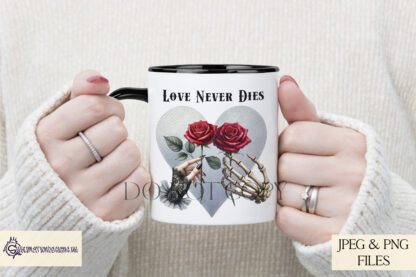 Gothic Love Never Dies Design featuring a hand with black lace holding a blood-red rose and a skeleton hand, with textless and romantic gothic wording options.