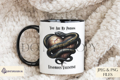 Gothic Love Venomous Valentine Design featuring a black and gold snake coiled around a heart with textless and romantic gothic wordings like "Venomous Valentine."