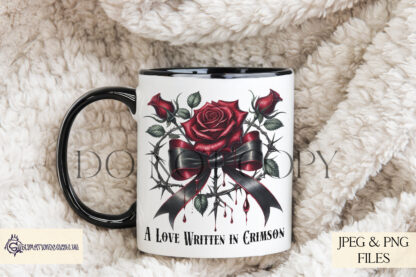 Gothic Love Bounded by Blood Design featuring a gothic rose wrapped in black ribbon with blood drips and romantic gothic wordings.