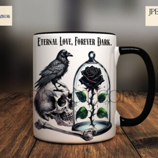 Gothic Eternal Rose Design featuring a black rose in a bell jar with a skull, bone, and raven setup, with textless and dark romantic wordings.