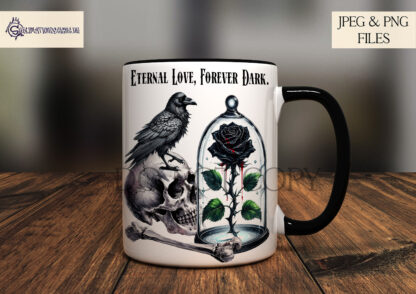 Gothic Eternal Rose Design featuring a black rose in a bell jar with a skull, bone, and raven setup, with textless and dark romantic wordings.