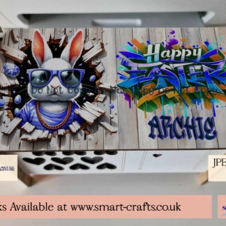 Exclusive Easter Rabbit Hutch Panel Designs featuring bunnies bursting through wooden tops with "Happy Easter" banners, perfect for crafting personalised gifts.