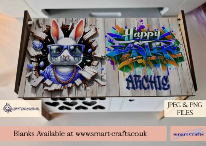 Exclusive Easter Rabbit Hutch Panel Designs featuring bunnies bursting through wooden tops with "Happy Easter" banners, perfect for crafting personalised gifts.