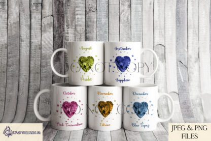 Birthstone Gemstone Designs Set featuring heart-shaped gems with monthly gemstone colours and names, available in JPEG and PNG formats.