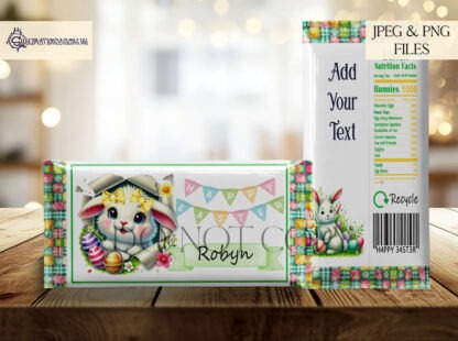 Easter Chocolate Bar Wrappers featuring bunnies with customisable banners and message areas. Available in JPEG and PNG formats.