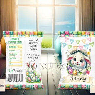 Easter Crisp Packet Wrappers featuring bunnies with customisable banners and message areas. Includes a how-to guide.