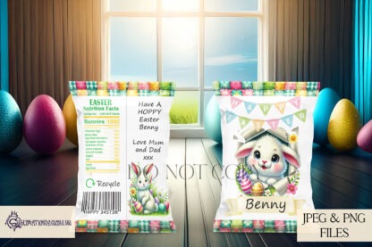 Easter Crisp Packet Wrappers featuring bunnies with customisable banners and message areas. Includes a how-to guide.