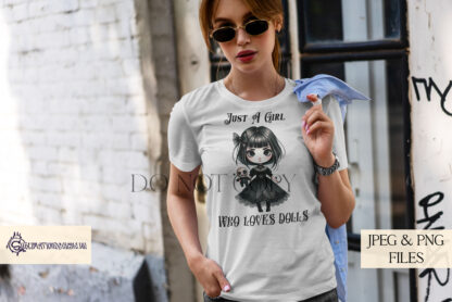 Cute Comedy Gothic Design Set featuring a gothic girl with a voodoo doll in textless and worded designs.