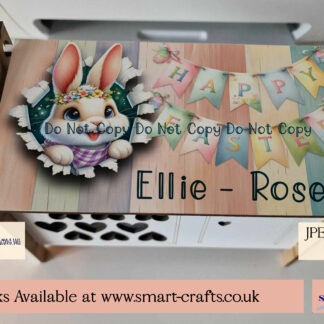 Smart Crafts Easter Rabbit Hutch Designs featuring bunnies bursting through wooden tops with "Happy Easter" banners, perfect for custom crafting.