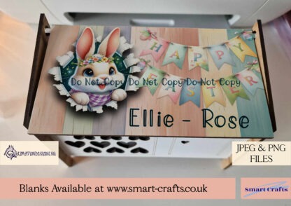 Smart Crafts Easter Rabbit Hutch Designs featuring bunnies bursting through wooden tops with "Happy Easter" banners, perfect for custom crafting.