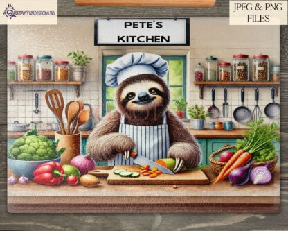 Sloth Kitchen Chef Comedy Designs Set featuring male and female sloth chefs, perfect for chopping boards and wall art.