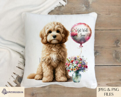 Well Wishing Dog Bundle featuring dogs with flower vases and a textless balloon for customizable messages, perfect for sublimation.