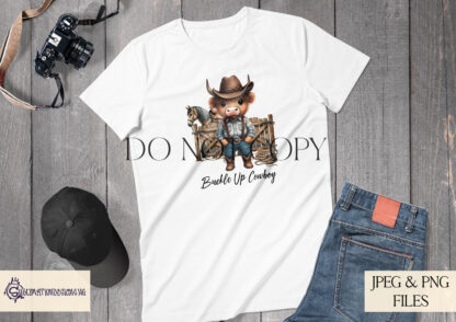 Highland Cow Cowboys and Cowgirls designs featuring ranch scenes with horses, available in textless and worded options like "Buckle Up Cowboy" and "Buckle Up Cowgirl."