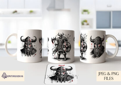 Viking Warrior Art Set - Norse-themed designs featuring bold Viking warriors and matching mug wraps