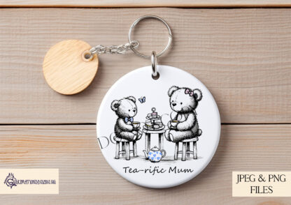 Mother and Son Teddy Bear Tea Design featuring a black sketch illustration with colourful accents on a teapot, cakes, and butterfly.