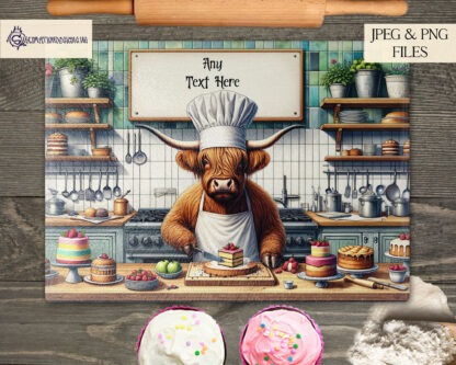 Highland Cow Baking Comedy Kitchen Design Set featuring male and female Highland Cows baking in portrait and landscape formats.