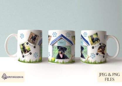 Dog Photo Kennel Mug Wrap Design Set featuring a kennel with customisable name and photo spaces, available in five colours for sublimation projects.