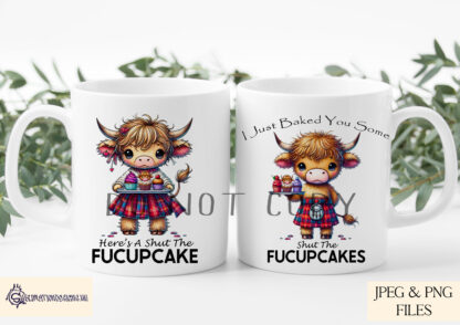 Comedy Highland Cow Cupcake Design Set featuring a male and female Highland cow holding trays of cupcakes with humorous phrases.