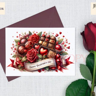 Chocolate & Roses Valentine’s Design Set featuring a mug wrap and 3 sublimation tin designs with romantic themes.