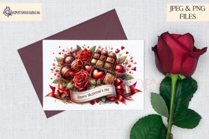 Chocolate & Roses Valentine’s Design Set featuring a mug wrap and 3 sublimation tin designs with romantic themes.