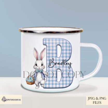 Cute Gingham Pattern Easter Alphabet Set – Blue Edition featuring a boy bunny in blue gingham fabric paired with alphabet letters for Easter crafting projects