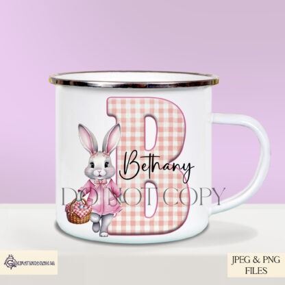 Cute Gingham Pattern Easter Alphabet Set – Pink Edition featuring a girl bunny in pink gingham fabric paired with alphabet letters for Easter crafting projects.