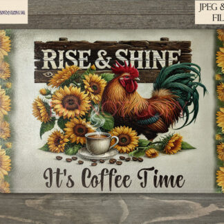 Vintage rooster design with sunflowers on a chopping board