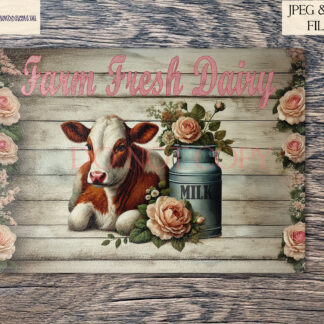 Vintage farmhouse cow and Highland cow design set featuring rustic floral accents, a milk urn, and countryside charm, perfect for kitchen décor and sublimation projects.