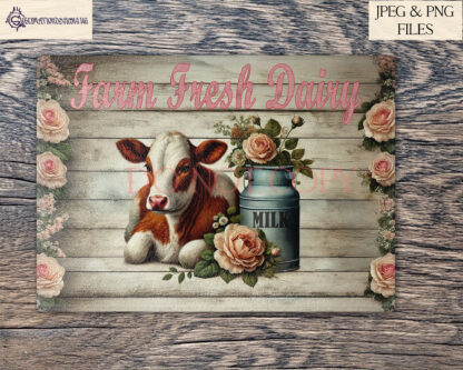 Vintage farmhouse cow and Highland cow design set featuring rustic floral accents, a milk urn, and countryside charm, perfect for kitchen décor and sublimation projects.