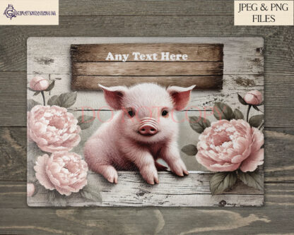 Vintage farmyard piglet design set featuring rustic-themed illustrations and farmhouse-inspired phrases, perfect for chopping boards, tumblers, and kitchen décor.