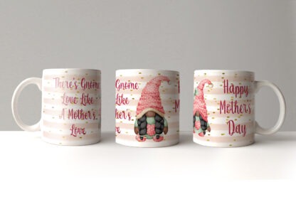 Mother’s Day Gonk Gnome Mug Wraps featuring pink and blue designs with light and dark skin tones for personalised mugs.