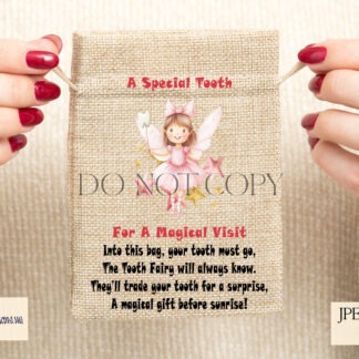 Tooth Fairy Gift Set featuring boy and girl designs, door hanger templates, matching bags, and Tooth Fairy receipts. Ideal for keepsakes and personalised gifts.