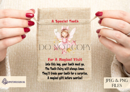 Tooth Fairy Gift Set featuring boy and girl designs, door hanger templates, matching bags, and Tooth Fairy receipts. Ideal for keepsakes and personalised gifts.