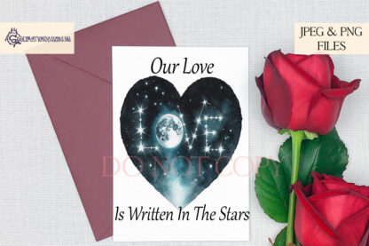 Celestial Universal Love Design Set featuring a heart-shaped moonlit sky with textless, romantic worded, and mug wrap designs.